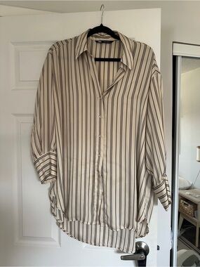 Zara Cream oversized Button-Up Striped Shirt
